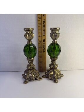 Antique-Style VTG emerald Green Crystal & Gold Candle Holders